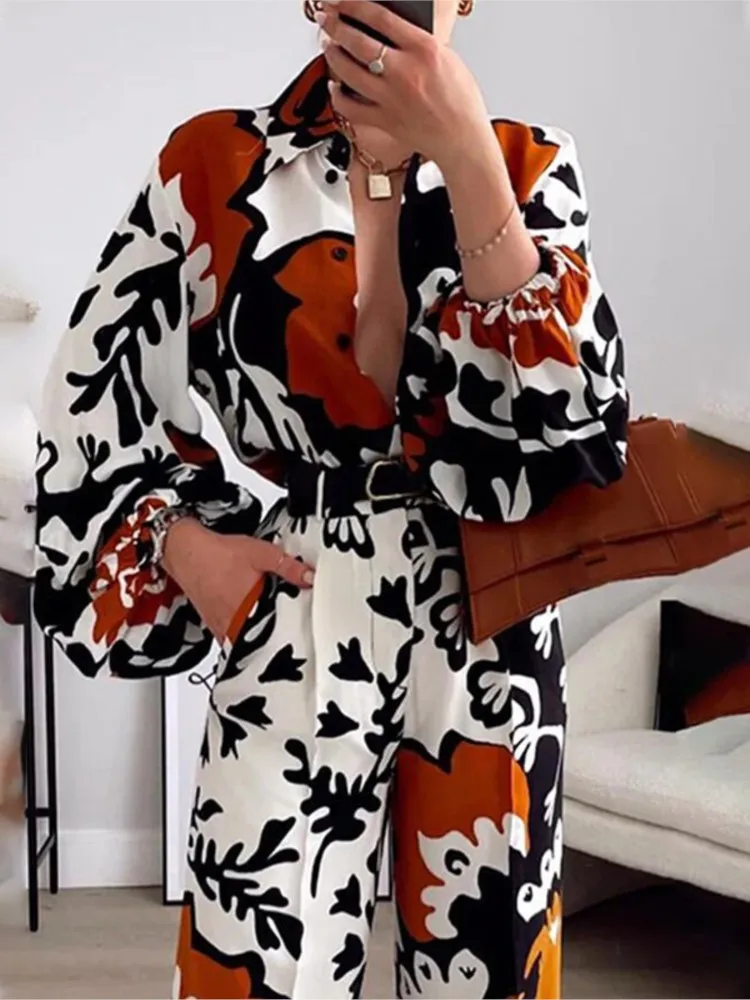 

Spring Autumn Women's Fashion Printed Long Sleeve Single Breasted Shirt Casual Pants Two Piece Set