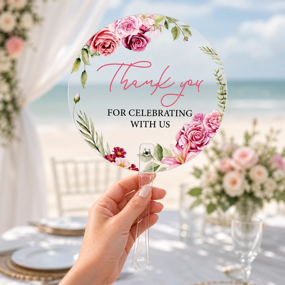 10Pcs Pink Floral Thank You Hand Fan Plastic Translucent Translucent Round Fan Single-Sided Print Wedding Hand Fans