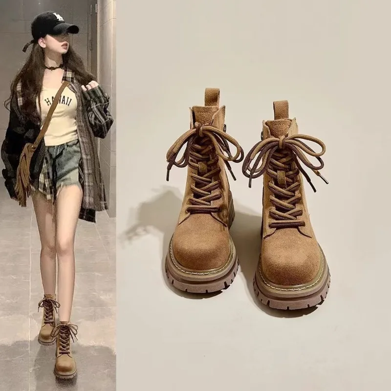 

Women Boots Fashion Retro Leather Platform Round Toe Booties Brown High Quality Heightening Tooling Women Ankle Boot Botas Mujer