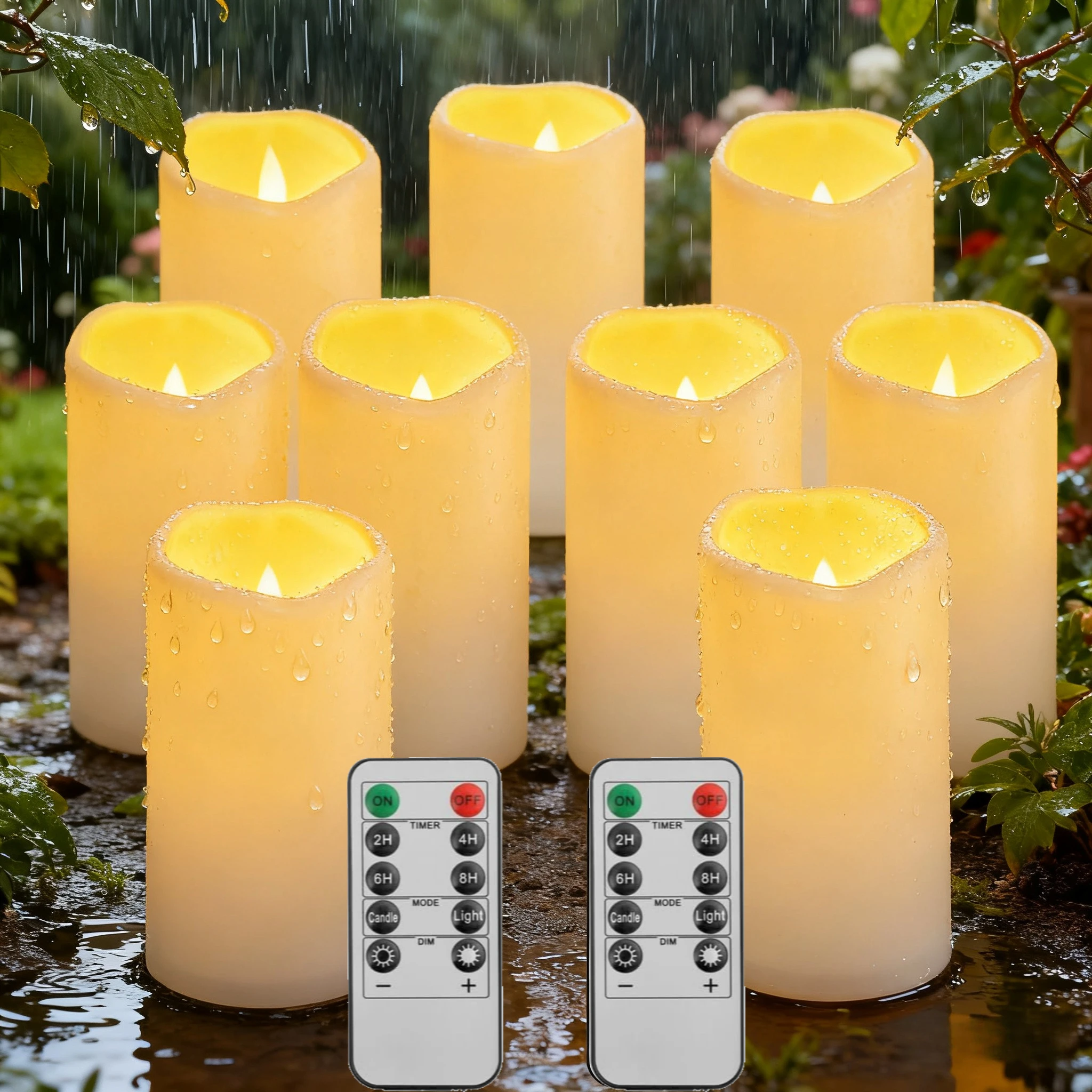 

9Pcs Outdoor Waterproof Flameless Candles with Remote Control LED Flickering Battery Operated Cycling 24 Hours Timer Candles