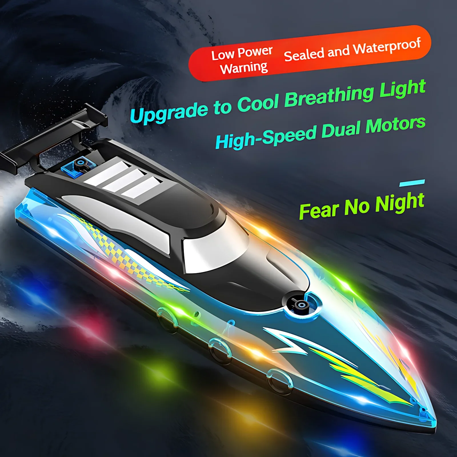 High-Speed RC Boat with LED Lights, 2.4GHz Remote Control Racing Speedboat for Pool, Lake, Outdoor Water Toy for Kids Boys Gift