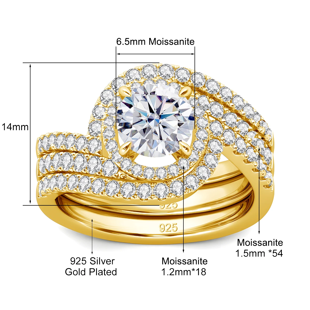 Hochwertige 2-teilige Moissanit-Ringe für Damen Set Gold 2 Karat D-Farbe VVS1 Zertifiziert Verlobungsfeier Trend-Schmuck Geschenk 2025 – Detail 1