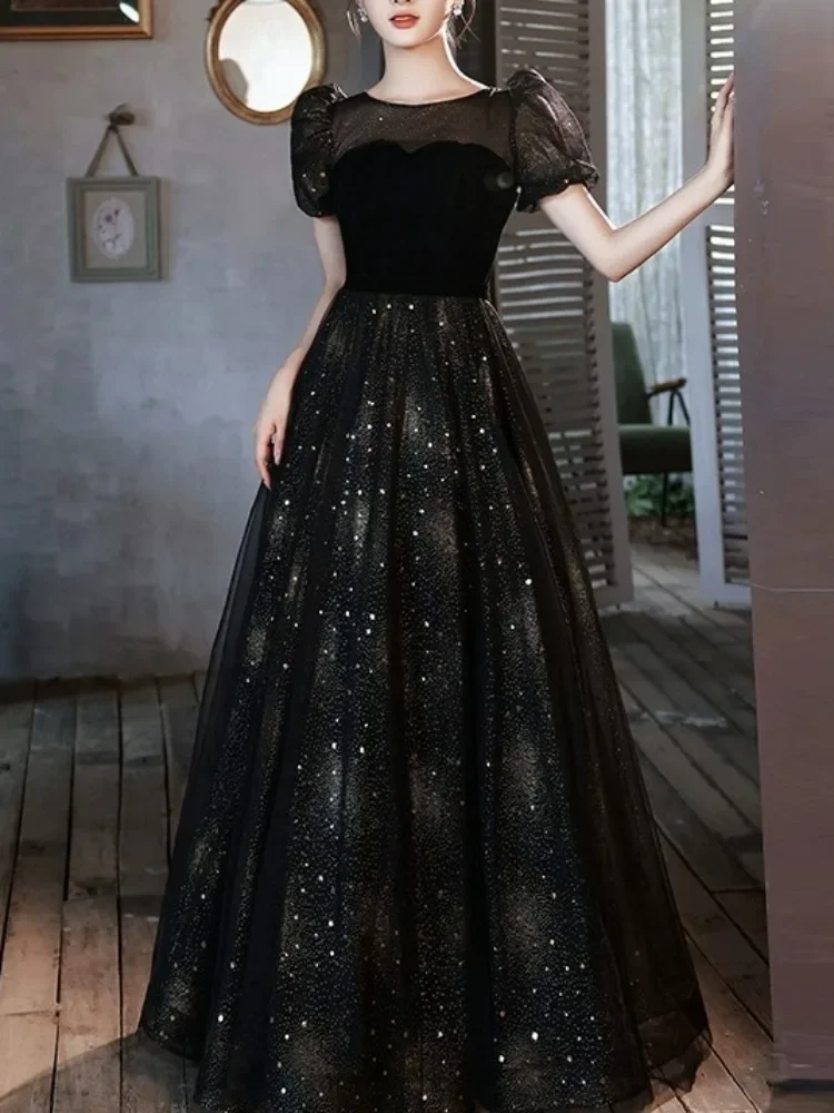 Customized O-neck Puff Sleeve Simple Temperament Prom Robe Slim Waist Bling Sequined Wedding Party Dress Elegant Fashion Evening