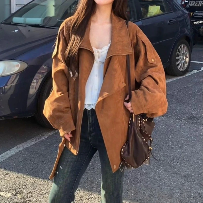 

New Motorcycle Jacket for Women, Autumn and Winter Retro Casual Loose and Lazy Lapel Silhouette