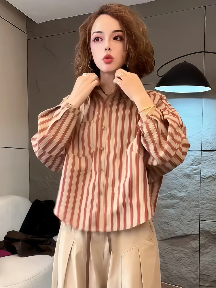 Haut Long rayé à la mode pour femmes, irt Faionable Street Sle, Vintage, coupe ample, couleur, col montant, boutonné