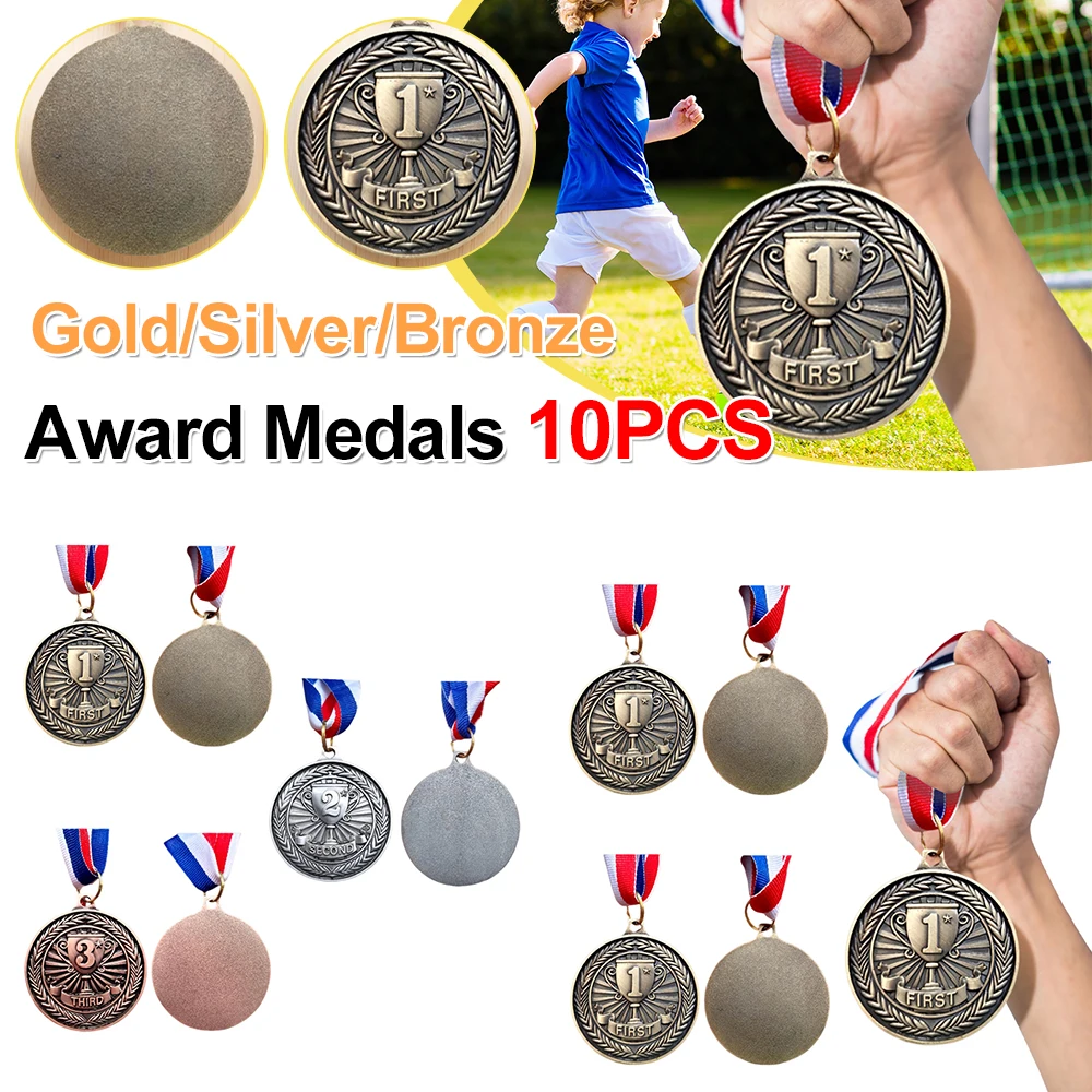 10 Stück Gold/Silber/Bronze-Medaille, Auszeichnungsmedaillen mit Halsband, Gewinnermedaillen aus Metall, 5 cm, Wettkampfpreis-Medaillen für Sportspiele