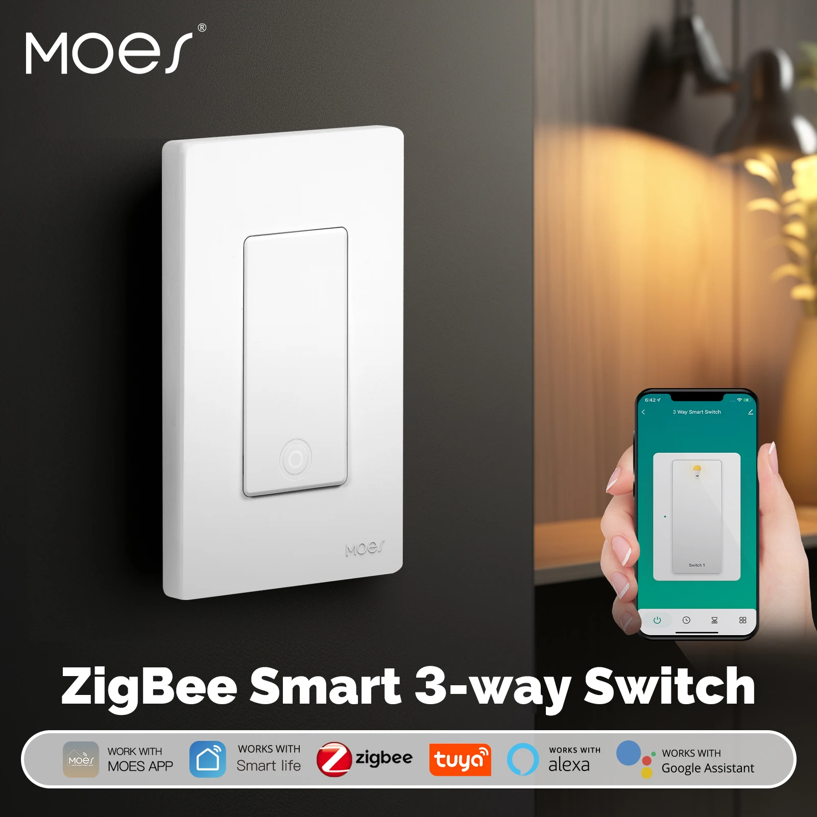 MOES Tuya Star Ring ZigBee Smart 3-Way Switch US Version  Neutral Wire Required App Remote Control Work With Alexa Google Home