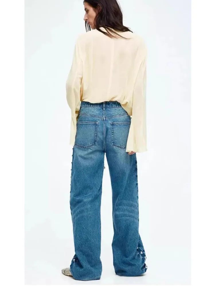 Verão novo feminino n sle versátil meados de cintura perna reta jeans metal rebite decorado casual calças compridas suporte ajuste