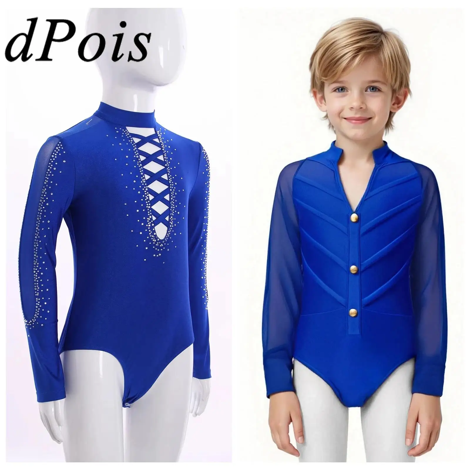 

Детский купальник для латинских танцев для мальчиков, блестящий купальник со стразами и длинными рукавами для художественной гимнастики, детский боди для фигурного катания