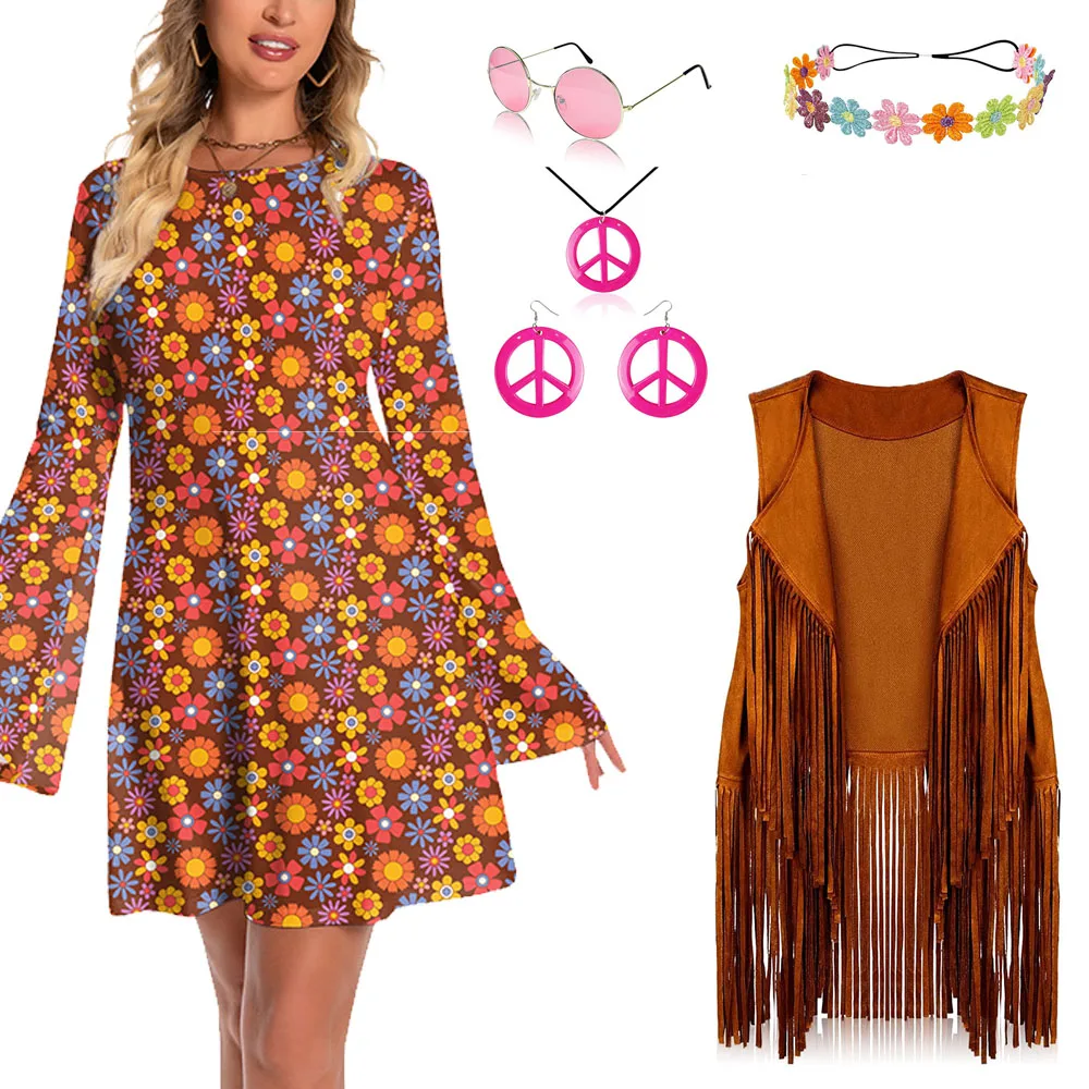 

Hip Hop Brown Floral Printing Disco Dress Sets Holiday Party Cosplay Costume Hippie Accessories Fringe Jacket Earrings Clothes