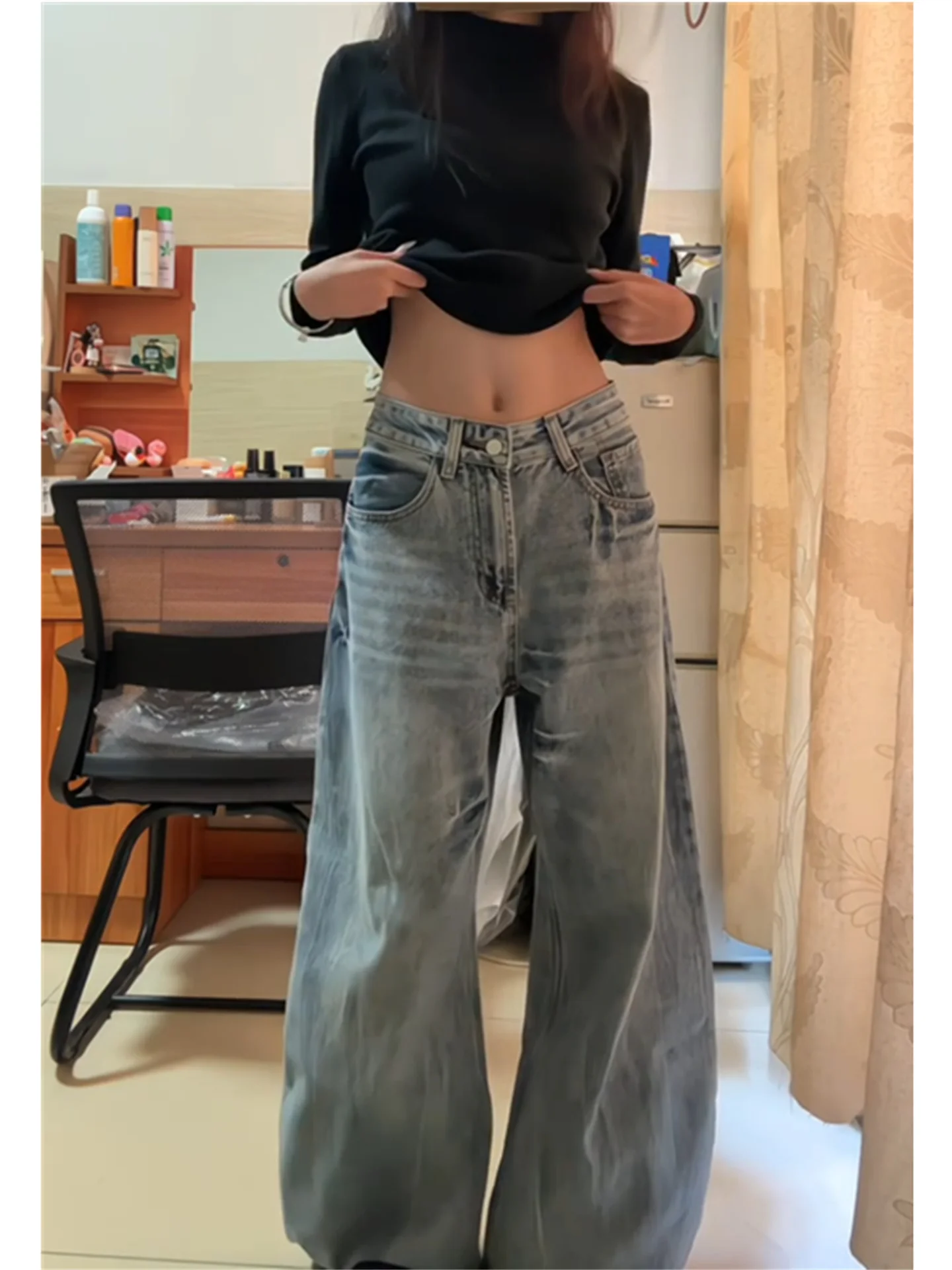 

Retro Blue Low Waist Wide Leg Jeans Women's Loose Slimming Tall Extended Match Drag Knife Pants Casual Wash Cotton Spring