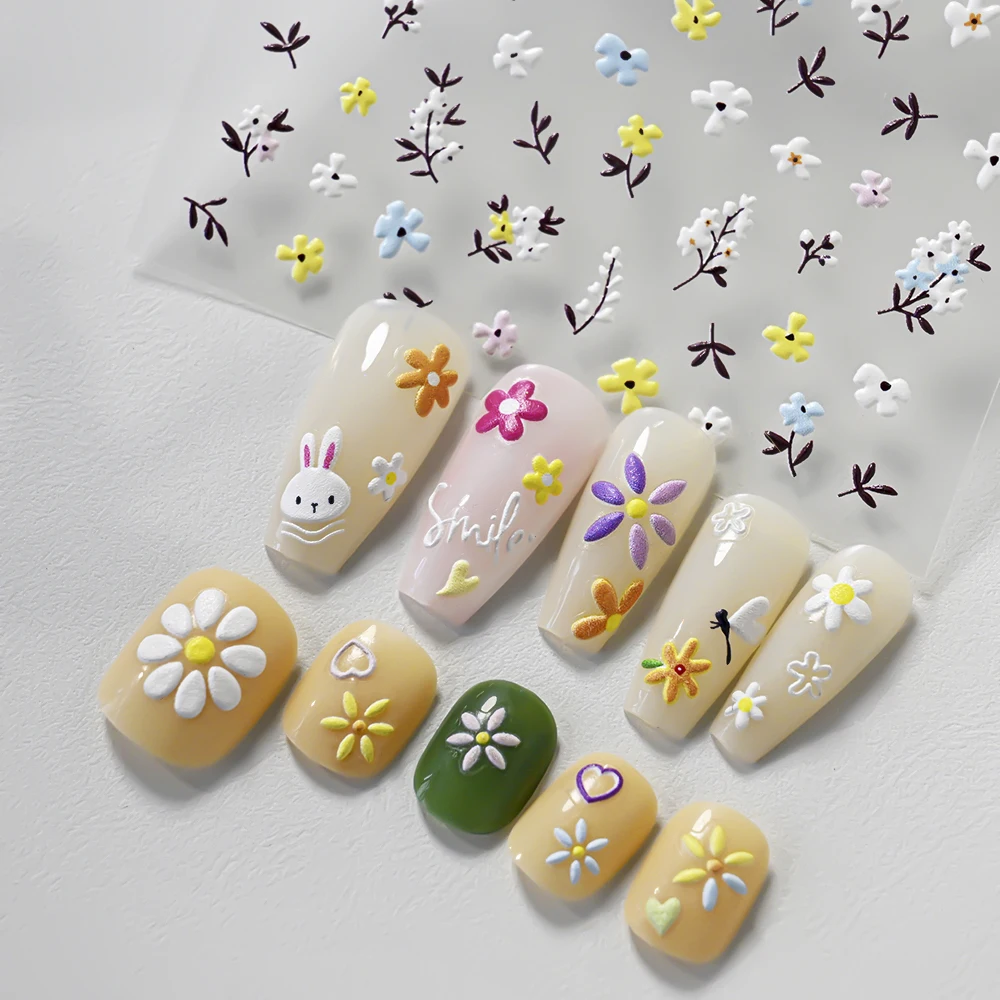 1szt 2025 Nowe naklejki na paznokcie 5D Daisy Flower Purple White Floral Cute Little White Rabbit Emboss Nail Decal Plant Manicure Decor