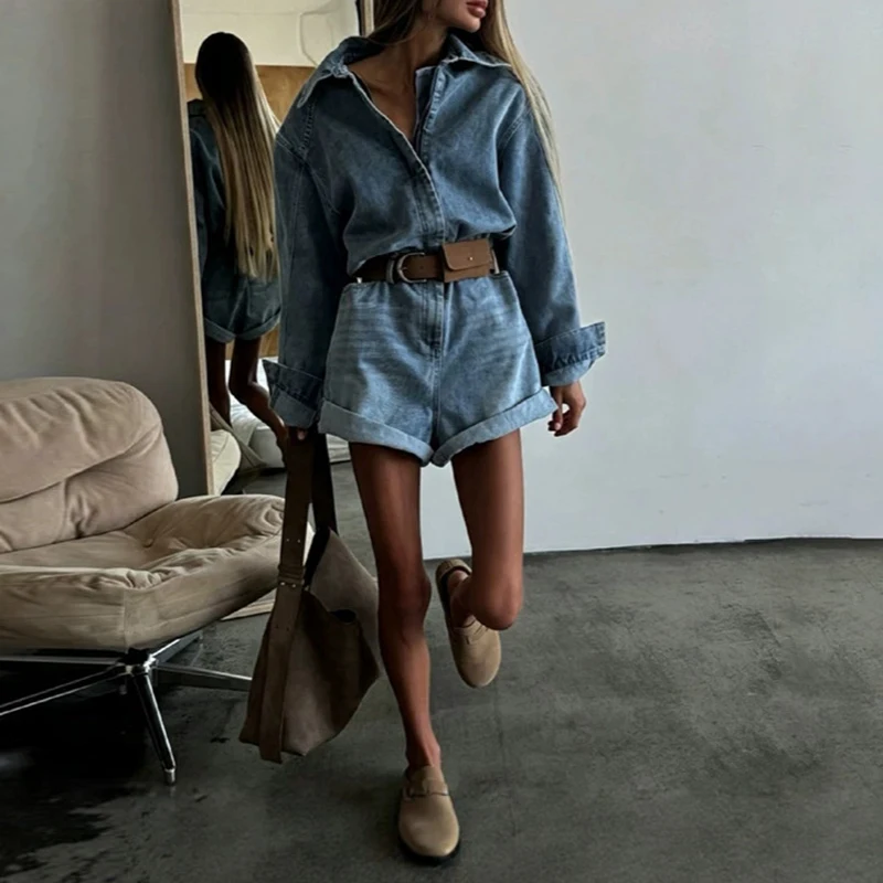 Women Comfortable Zipper Slim Fit Romper Fashion Collar Long Sleeved Office Commuting Playsuit Early Autumn Retro Denim Bodysuit