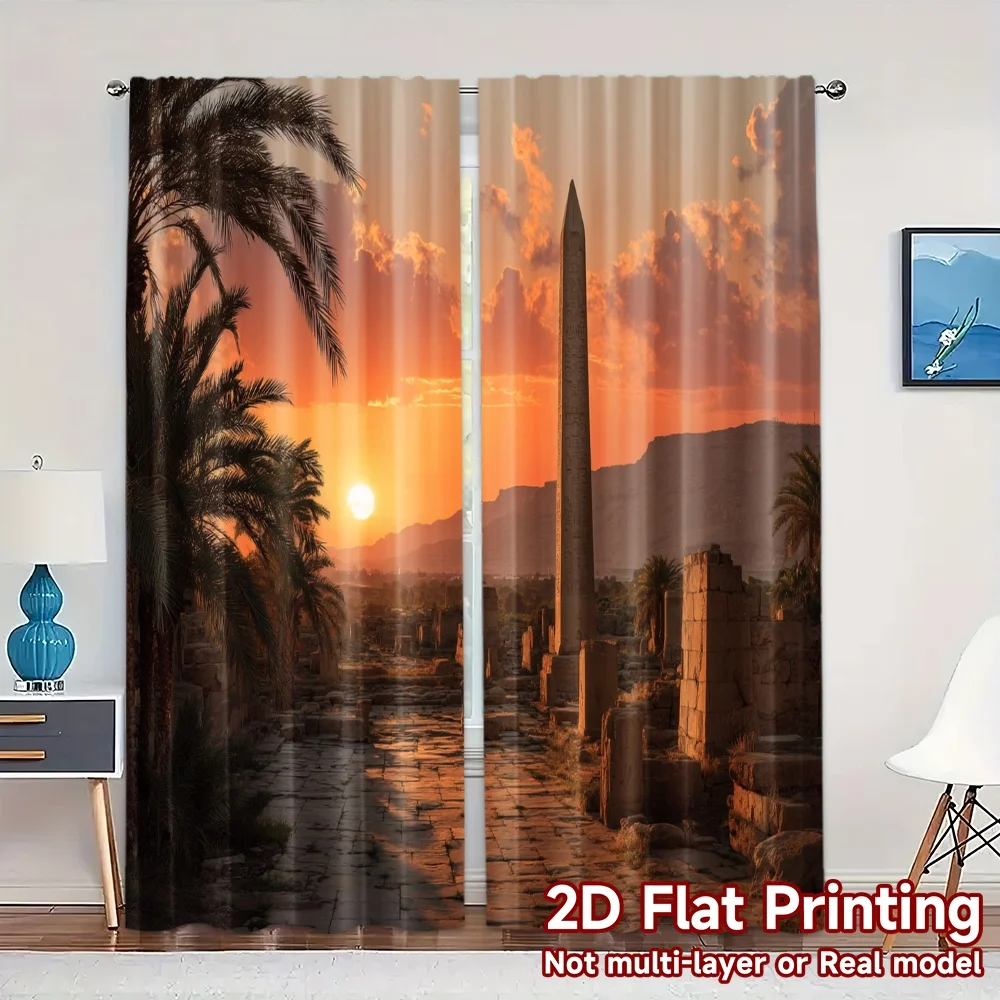 2pcs, 2D FLAT PRINTING Curtains (Without Rod) Ancient Sunset Popular Curtains&Window Treatment Versatile 100% Polyester Curtains