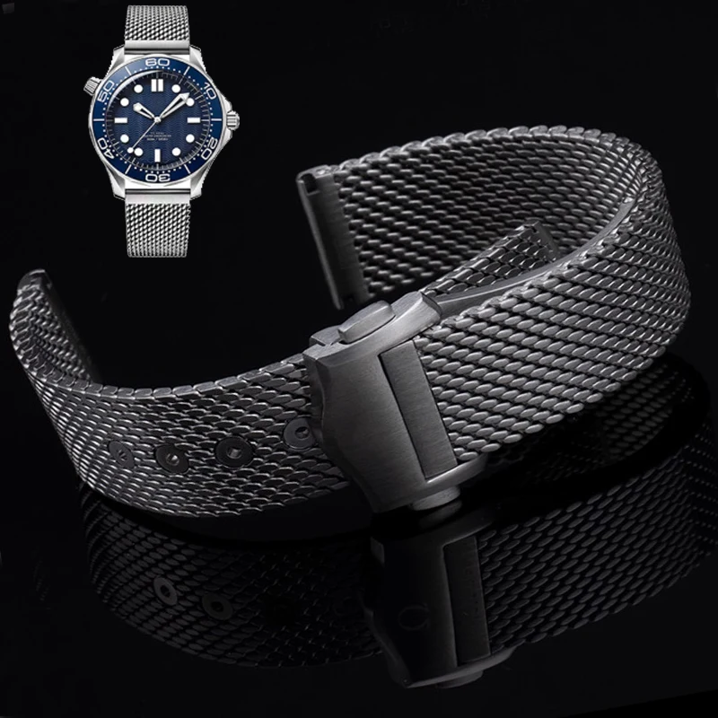 20 مللي متر حزام ساعة من الفولاذ المقاوم للصدأ ل Seiko لأوميغا ساماستر 007 الغوص المعصم الفرقة ميلانو شبكة حزام للطي مشبك سوار