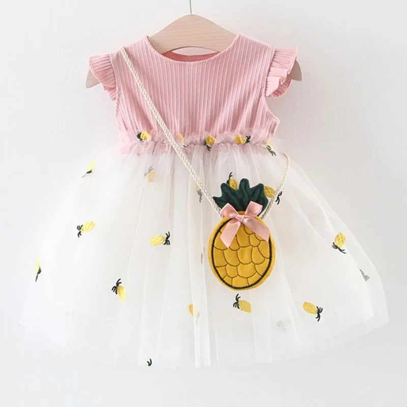 Summer Kids Girl Mesh Princess Dress Patchwork Tulle Tutu Baby Sleeveless Dress+Hat Pineapple Design Cute Children Clothing A461