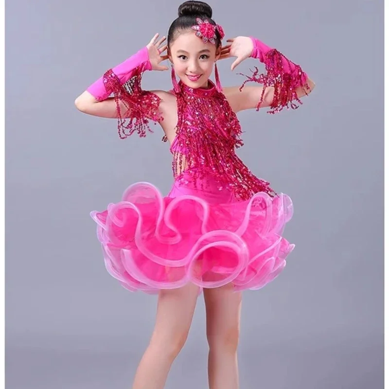 Costume de danse latine pour enfants, robe à franges de danse Sasha pour filles, Costume de compétition de spectacle à paillettes pour jupe latine