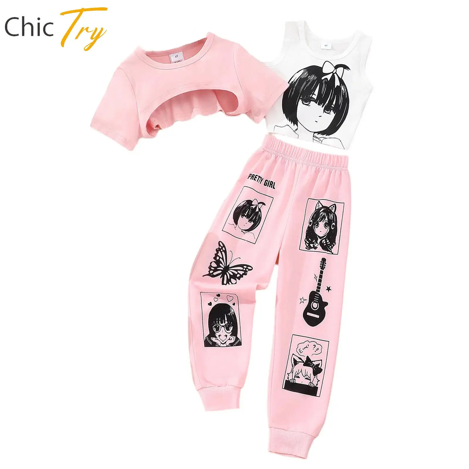 

Kids Girl Hip Hop Street Dance Outfit Performance Set Asymmetrical Hem Crop Top+Anime Printed Vest+Sweatpant 3-piece Sports Suit