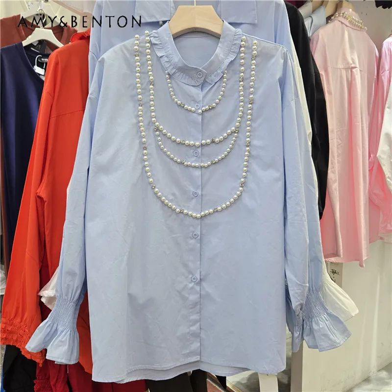 

Женская белая рубашка с длинным рукавом в стиле Y2K, весна-осень 2026, уличный стиль, с бисером, модный дизайн, высококачественная уникальная изысканная блузка-топ