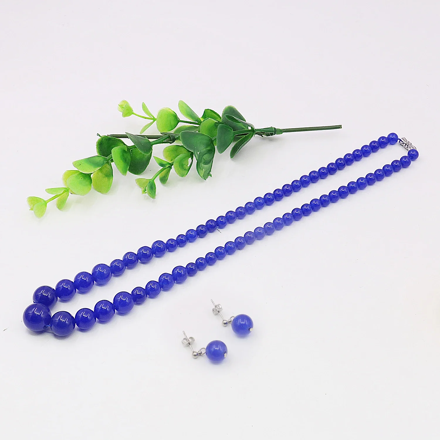 6-14mm Natural Stone Blue Chalcedony,Tower Round Bead Necklace/Earirngs Set Transparent Jewelry,Women's Gift,Rotating Button