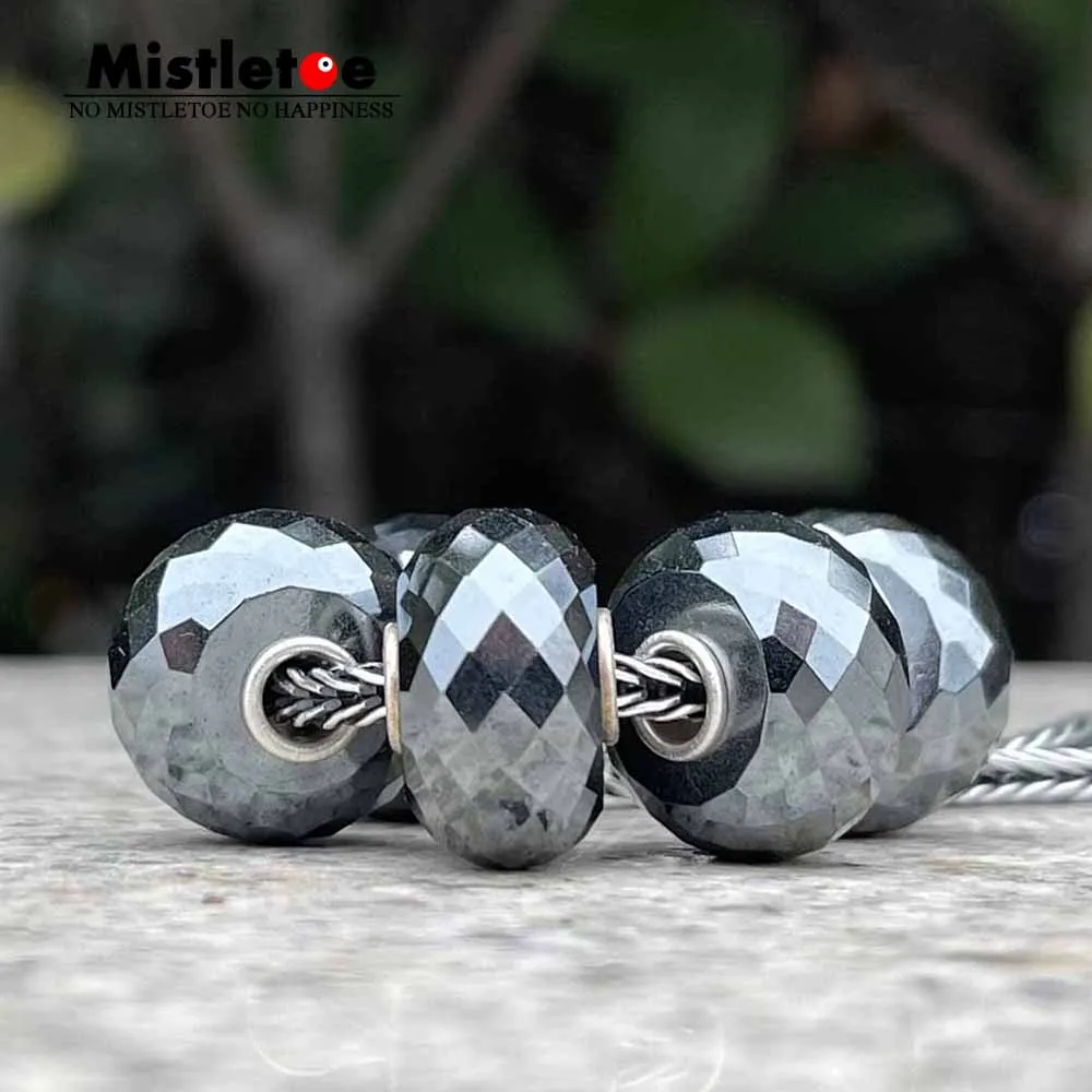 Mistletoe 925 Sterling Silver Faceted Natural Iron ore Stone Charm Bead Fit 3.6mm Bracelet Jewelry