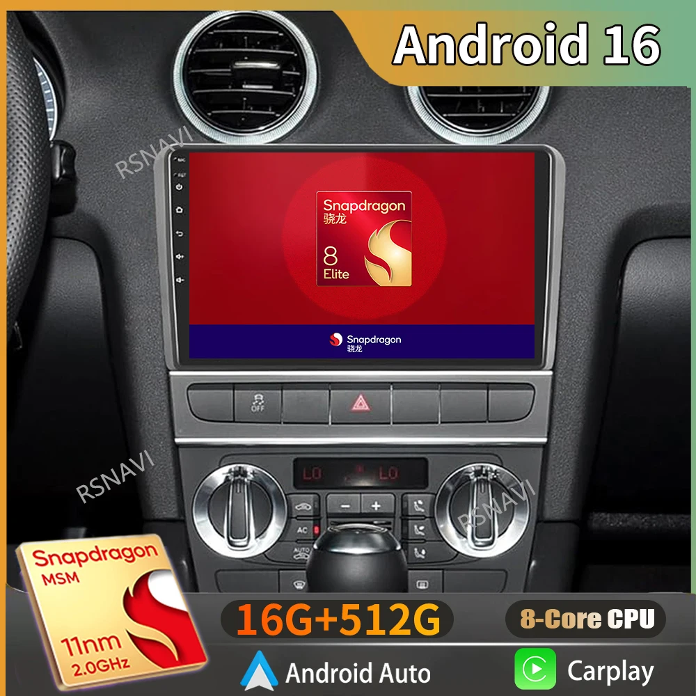Android 16 For Audi A3 2 8P 2003 -2013 S3 2 2006-2012 RS3 Car Radio Multimedia Video Player GPS CarPlay Head Unit Stereo