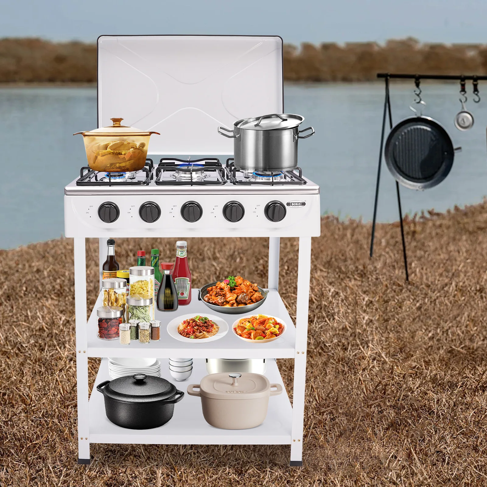 

5 Burner Gas Stove, Portable Outdoor Stove with Support Leg Stand and Wind Blocking Cover Heavy Duty Camping Freestanding Stove