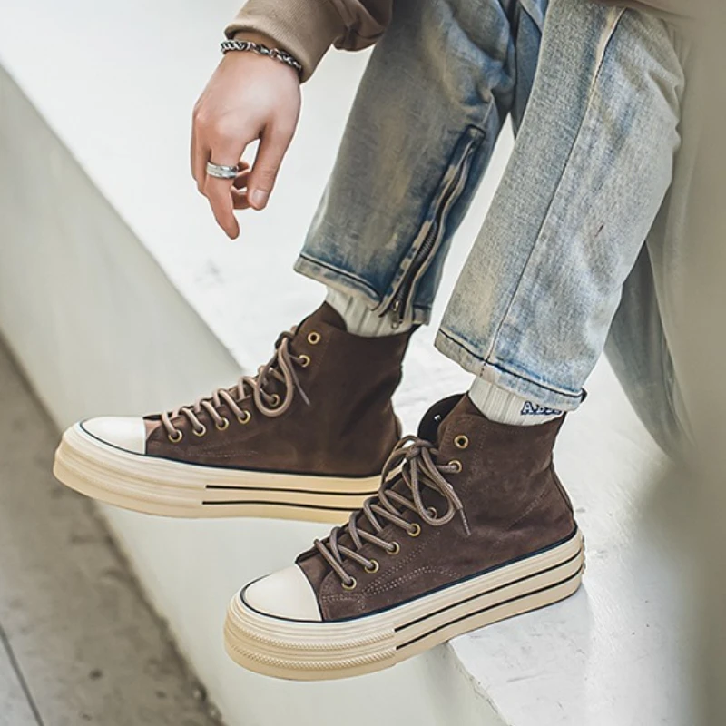 High Top Men Shoes Suede Leather Board Shoes Men High Quality Casual Sneakers Unisex Outdoor Lace-up Vulcanized Shoes Size 35-44 - Image 6