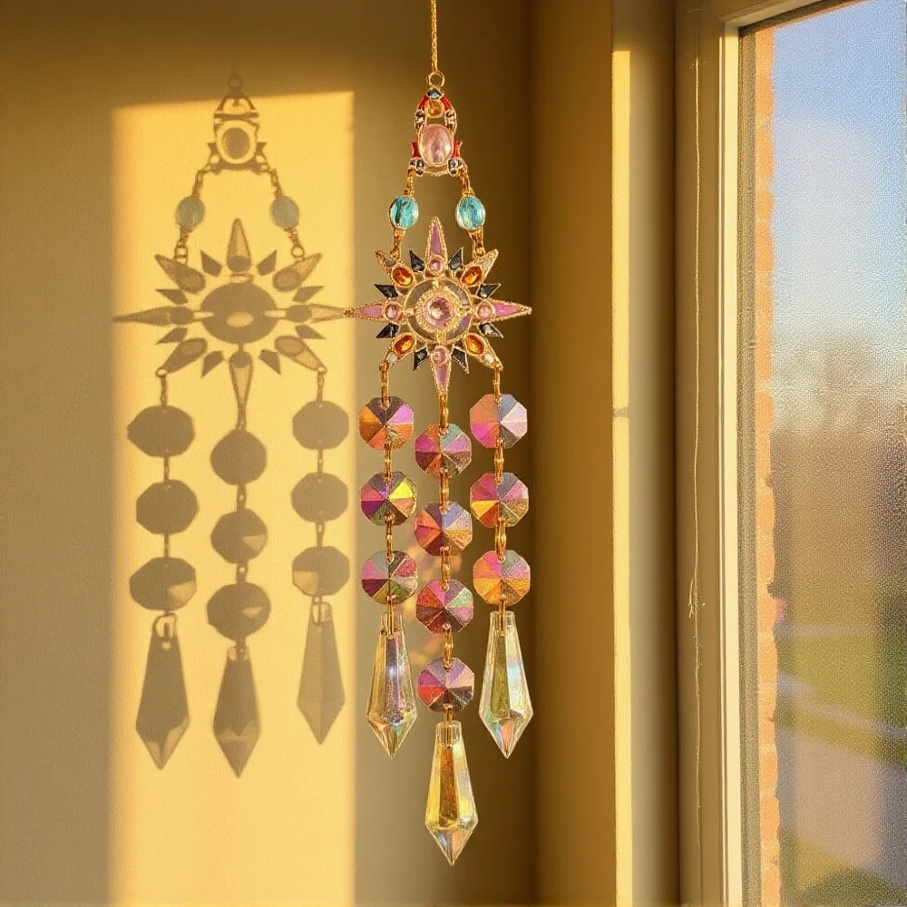 Prismatic Rhinestone Suncatcher Sun Moon Star Heart Crystal Chime Home Decor Hanging Pendant Window Ornament Decoration