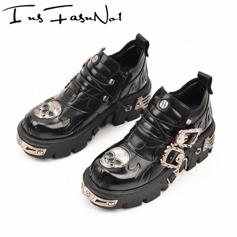 Gothic Black Women Shoes Designer Punk Metal Flat Platform Walking Sneakers Skeleton Print Metal Buckles Street Demon Cos Flats