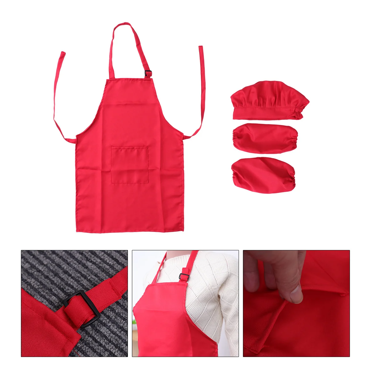 

Kids Complete Medium Size Red for 4-8y Chef Hat Apron Cooking Sleeve Kids Kitchen Gift Playset Baking Painting Party