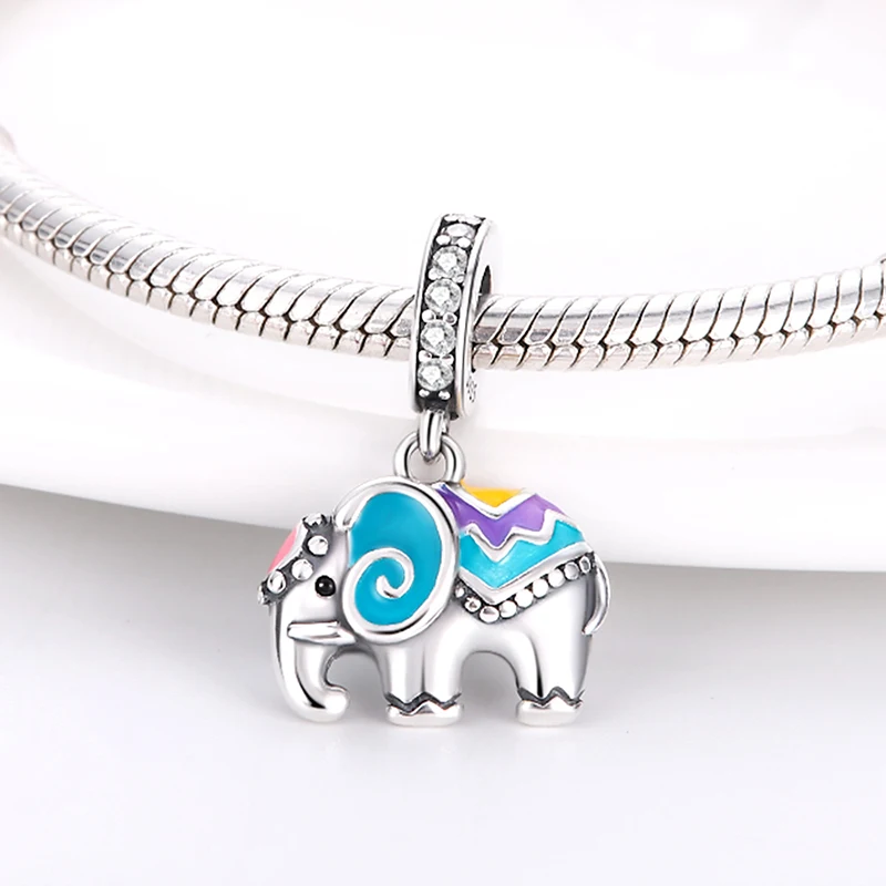

New Original 925 Sterling Silver Colorful Elephant Charms Pendant Fit 3mm Original Bracelet DIY Women Fine Party Jewelry Gifts