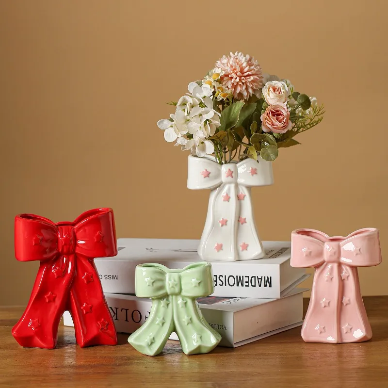 Creative Ceramics Bow Shape Vase Ornaments Living Room Bedroom Dining Table Flower Arrangement Container Wedding Decoration