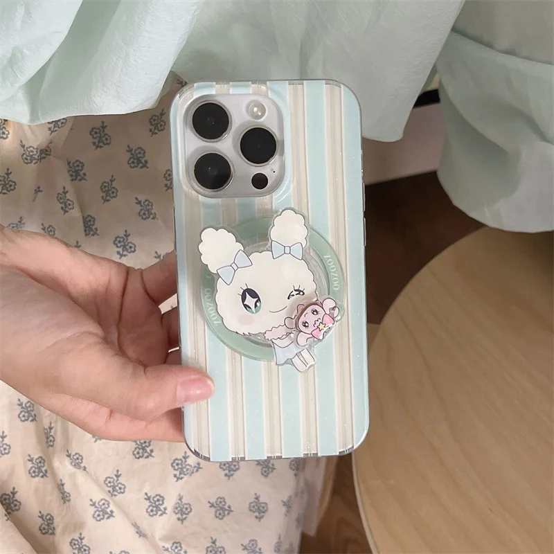 

Simple Stripes Magnetic Phone Case For iPhone 14 13 15 16 Pro Max Cases with Magsafe Holder Cute Rabbit Protective Cover Funda