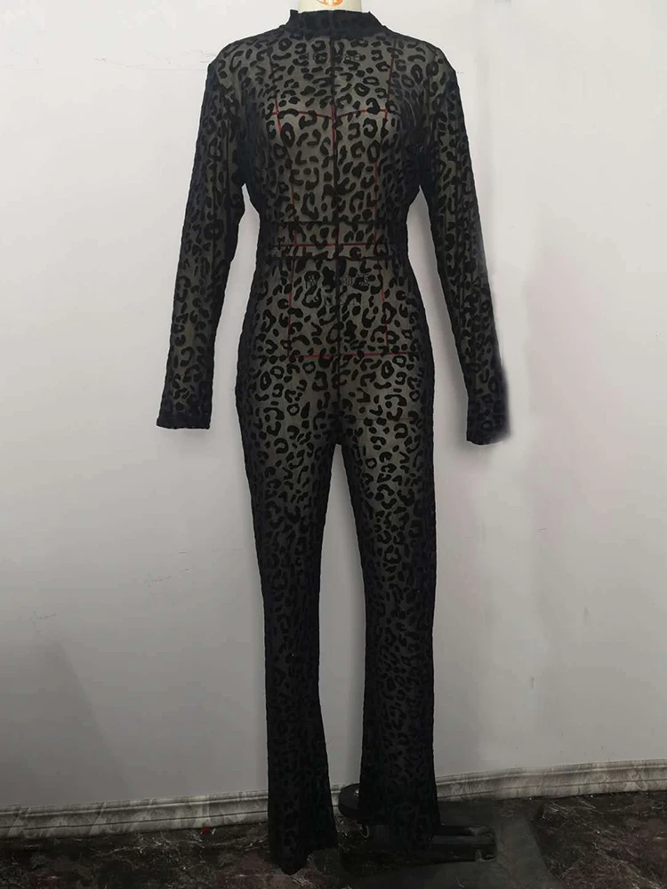 Sibybo Fashion Gauze Jumpsuits Sexy Leopard Print See Through Rompers Casual Basic Long Sleeves Wide Leg Pants Hot Girl Clothing