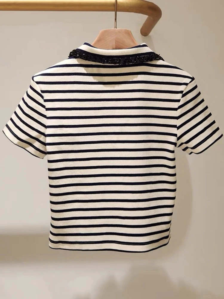 

Summer Ne Knitted T-irt Striped Preppy Sle Women's Faion Casual Top Polyester Fiber ort Sve V-Ne ort Le...