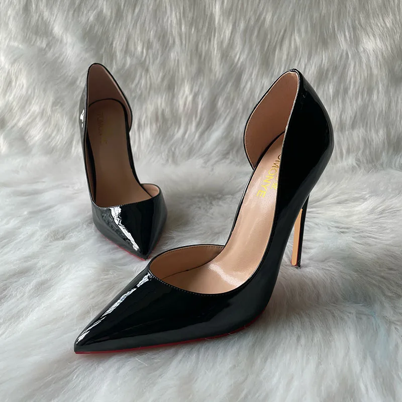 2023 New Designer D\'orsay High Thin Heel Black Patent Open One Side Women Lady 120mm Shoes Pump On Sale Plus  Size 44 45 46 33