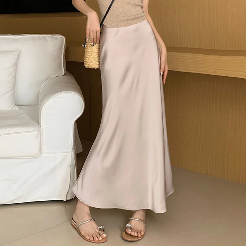 

Summer Female Comfortable Thin Acetate Satin Skirts Girls Korean Classic Slim Fit Dress Lady High Waist Solid Midi Skirts
