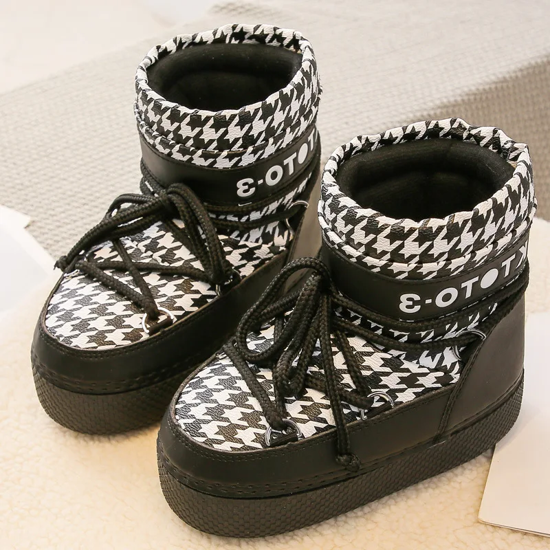 2022 New Fashion Women Snowboots Winter Warm Bread Boots Houndstooth Round Toe Platform Shoes Non-slip Waterproof Ankle Boots