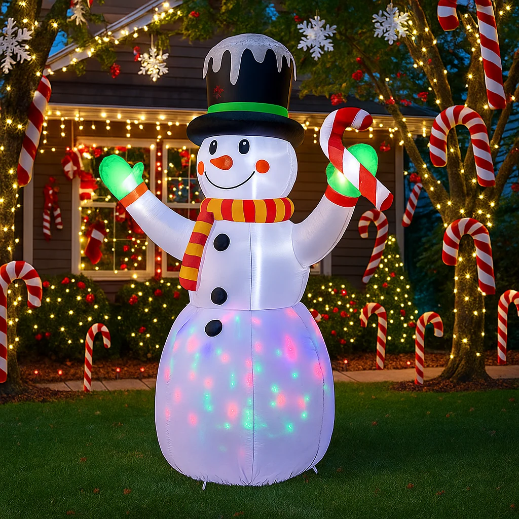 2.1M/6.8FT Inflatable Snowman with Candy Cane Lights LED Home Decorations Toys Yard Xmas Decor Supplies Holiday Outdoor Decor