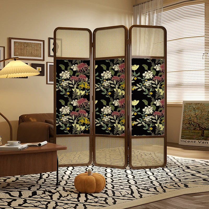 Screen partition folding mobile solid wood rattan living room retro background wall office tea room blocking abstract landscape