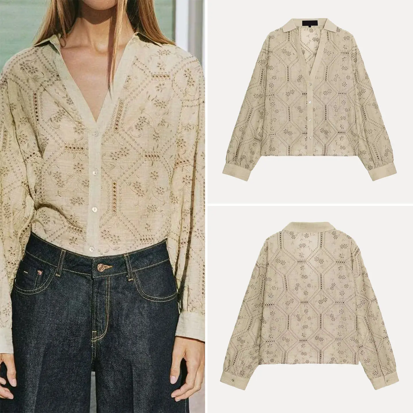 

Модная женская рубашка с длинным рукавом, V-образным вырезом и вышивкой, с вырезами, весна 2026, ZADATA, свободный крой, стандартная длина рукава