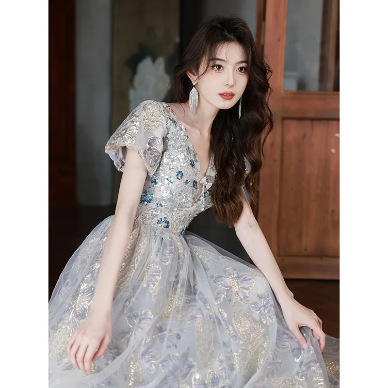 Formal Occasion Sequin V-neck Evening Dress Women Banquet Glitter Princess Ball Gown Elegant Lady Party Embroidery Long Dresses