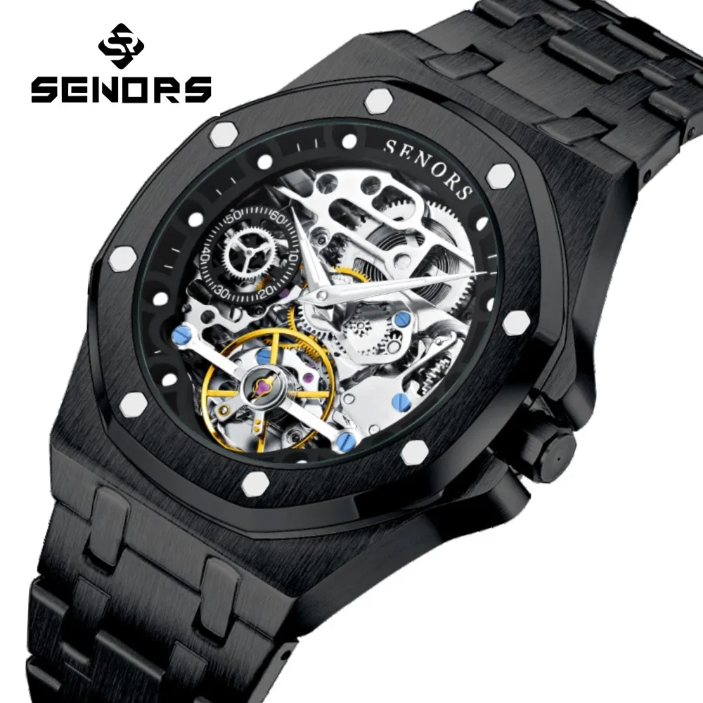 SENORS SN206 Men`s Watch Automatic Sapphire Glass Mechanical Watches Men 316L Skeleton Clock Hollow out Tourbillon Watch 3ATM