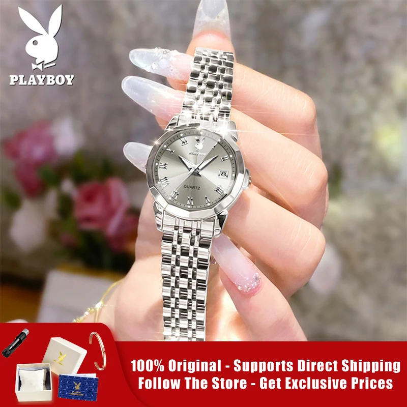 PLAYBOY 3502 Brand original authentic diamond-shaped mirror double calendar stainless steel strap women's quartz watch