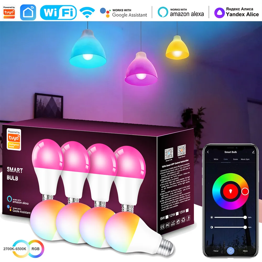 Tuya Bluetooth 9W E27 Smart Light Bulbs RGB Led Bulb AC200-240V RGBCCT Color Change Lamps Smart Life APP Control Music Rhythm