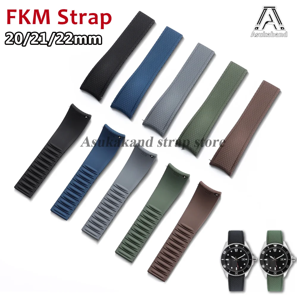 Bracelet de montre en caoutchouc fluoré, extrémité incurvée, 20mm, 21mm, 22mm, pour Omega, Longines, Seiko, bracelets en caoutchouc, bracelet de montre réglable