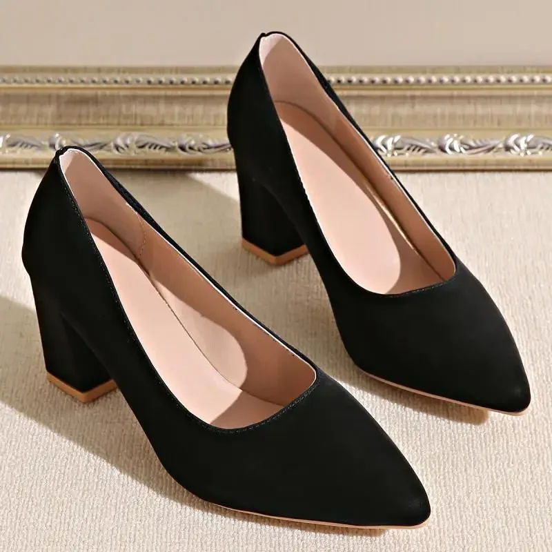 Rimocy Sexy Black Point Toe High Thick Heels Women\'s 2025 Spring Suede Leather Plus Size Pumps High-Quality Woman Office Heels