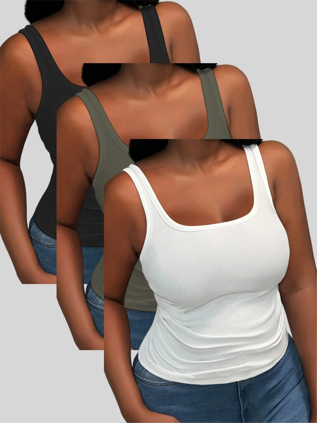 طقم سترة نسائية عصرية جديدة برقبة مربعة كاجوال مقاس كبير مكون من ثلاث قطع