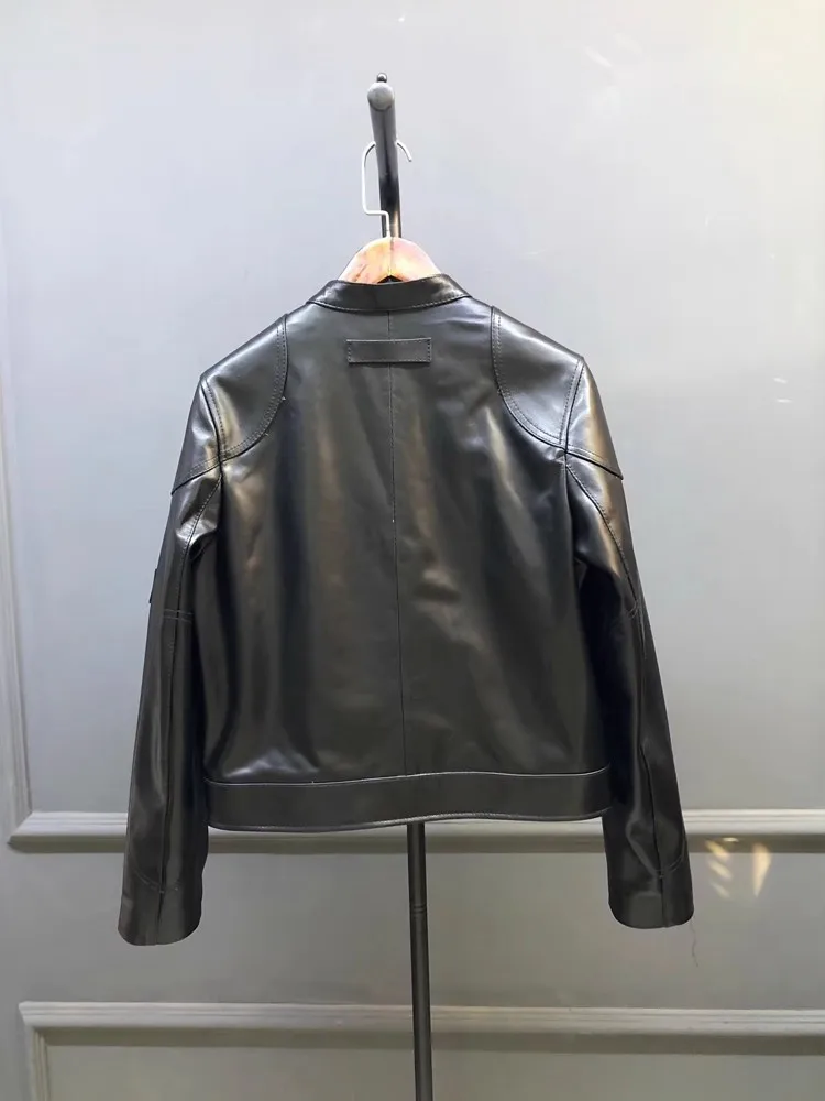 Schicke klassische Damen-Jacke aus echtem Leder, Frühling und Herbst, Stehkragen, schmale Passform, kurze Jacken, Oberbekleidung, echte Schaffellmäntel